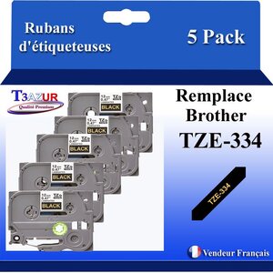 5x Rubans d'étiqueteuses compatibles avec Brother Tze334  Tze-334 pour étiqueteuses P-touch - Texte doré sur fond noir - Largeur 12 mm x 8 mètres - T3AZUR