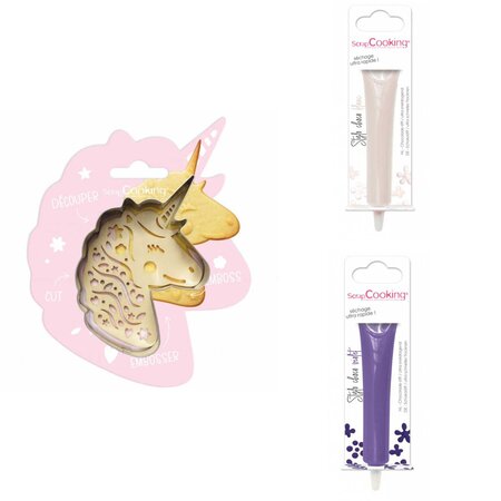 Kit pour biscuit en relief Licorne + 2 Stylos au chocolat blanc et violet