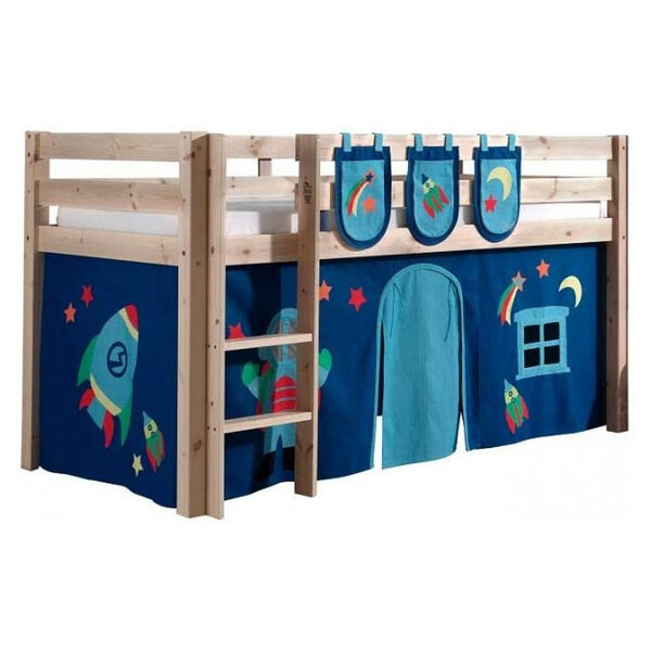 PINO  Lit Compact Pin Massif Naturel + Rideau de lit Astro + 3 Pochettes Astronaute