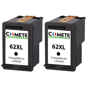 COMETE- 62XL - 2 Cartouches d'encre compatibles avec HP 62 XL - Noir - Marque française