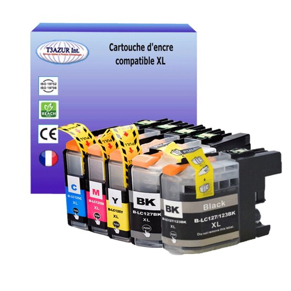 T3AZUR Lot de 5 Cartouches compatibles avec Brother LC127XL  LC125XL pour Brother DCP-J4110DW  MFC-J4410DW