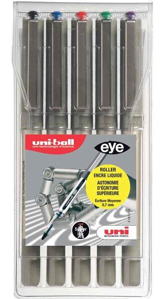 Etui de 5 stylos roller encre liquide EYE UB157 pointe moyenne 0 7mm couleurs assorties UNI-BALL