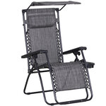 Chaise longue pliable de jardin zéro gravité pare-soleil et dossier réglable plateau porte gobelet accessoires metal textilène gris chiné