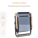 Chaise longue pliable zéro gravité dossier réglable tablette tétière métal époxy polyester coton gris noir