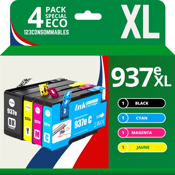 Pack de 4 Cartouches d’Encre Compatibles HP 937e XL – Noir Cyan Magenta Jaune – Haute Capacité