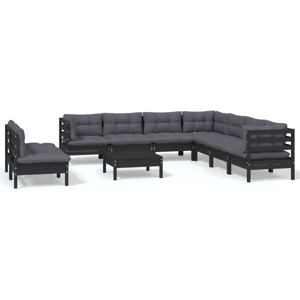 vidaXL Salon de jardin 10 Pièces avec coussins Noir Bois de pin massif
