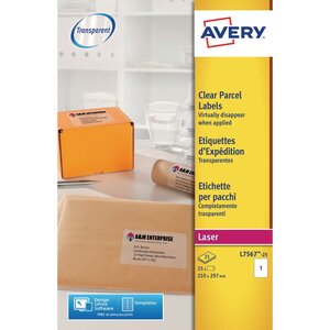 Étiquettes pour lot adaptées aux imprimantes laser  210 x 297 mm  25 feuilles  1 étiquette par feuille  auto-adhésives  transparentes (paquet 25 unités)