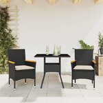 vidaXL Ensemble à manger de jardin et coussins 3 Pièces noir rotin verre
