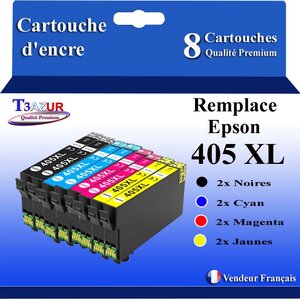 T3AZUR - 8 Cartouches compatibles avec Epson 405  405 XL pour Epson Workforce Pro WF-3820 WF-3825 WF-4820 WF-4825 WF-7310 WF-7830 WF-7835 WF-7840