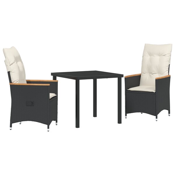 vidaXL Ensemble de salle à manger de jardin 3 pièces avec coussins noirs en poly rotin.