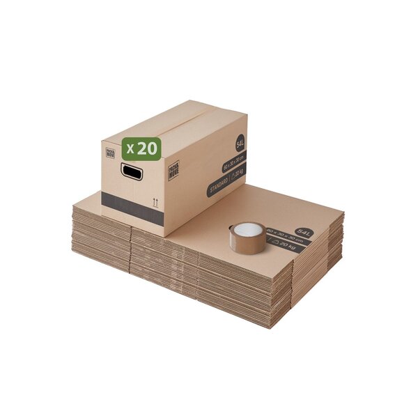 Pack and Move - Lot 20 cartons déménagement stockage standard - 60 x 30 x 30 cm - Poignées renforcées - 1 adhésif offert