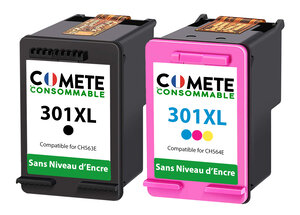 301XL - 2 cartouches d'encre compatibles pour HP 301 XL - sans affichage du niveau d'encre - COMETE