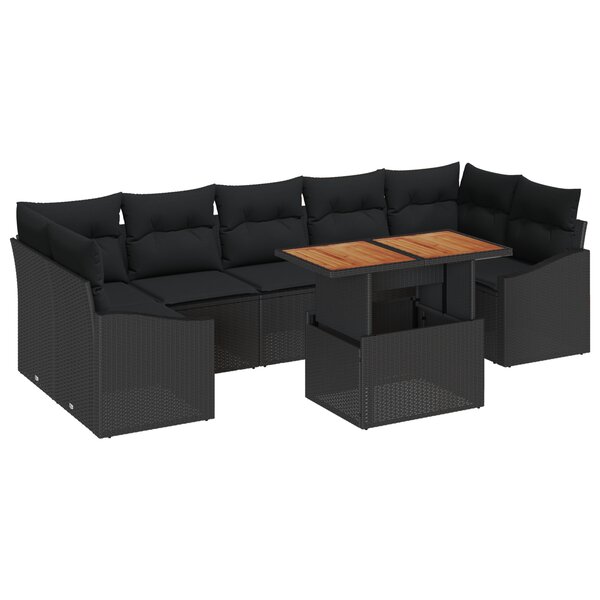 vidaXL Ensemble de salle à manger de jardin 8 pièces avec coussins en rattan synthétique noir et acacia.