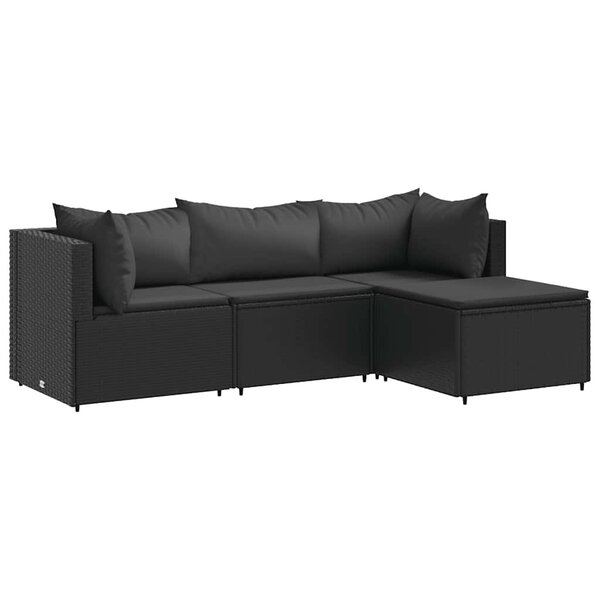 vidaXL Salon de jardin 4 Pièces avec coussins Noir Résine tressée