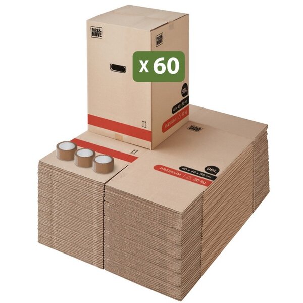 Pack and Move - Lot 60 Cartons Déménagement Premium - 40 X 40 X 60 Cm - Résistance 30 KG - Double Épaisseur - Poignées Renforcées - 3 Adhésifs Offerts