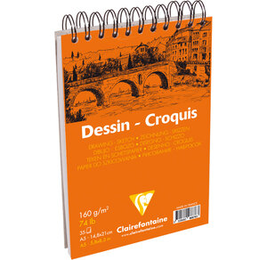 Bloc Dessin Croquis Spirale 160g A5 35 Feuilles Blanc CLAIREFONTAINE