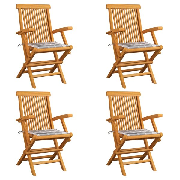 vidaXL Chaises de jardin coussins à carreaux gris lot de 4 Teck massif