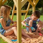 Cabane enfant sur pilotis bac à sable et portique intégré avec balcon tower