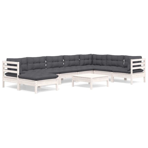 vidaXL Salon de jardin 9 Pièces avec coussins blanc bois de pin massif