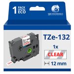 Ruban compatible Brother TZe132 - Texte rouge sur fond transparent - Largeur 12 mm x 8 mètres