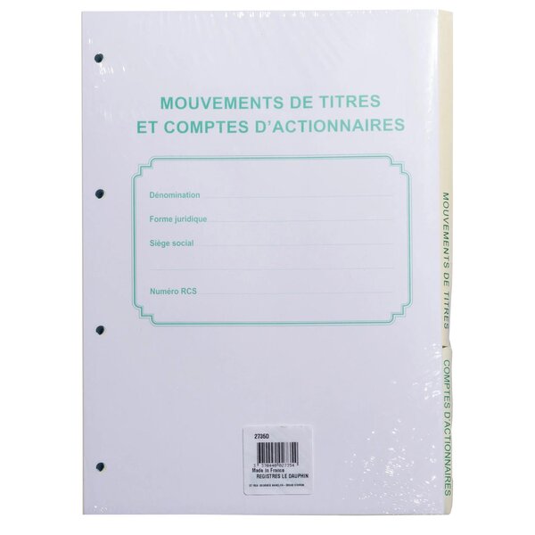 Recharge Numérotée/perforée 58 Feuillets Unis Blanc Épaisseur Du Papier 90g Avec Gardes Titrées Pour Classeurs Mouvements De Titres Liste Des Actionnaires - Format A4 - Autre - Le Dauphin