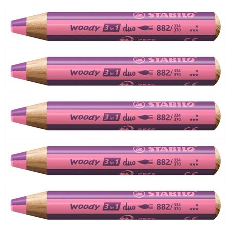 Crayon multi-talents woody 3 in 1 duo - rose-lilas x 5 stabilo