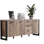 Buffet EMILE - Mélamine chêne brun tabac et noir mat - 3 Portes + 3 Tiroirs - 214 x 45 x 86 cm
