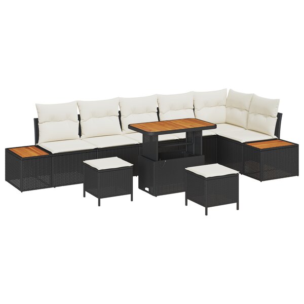 Ensemble de Canapés de Jardin 9 Pièces avec Coussins Noir Poly Rattan Acacia