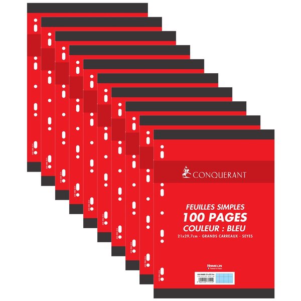 Feuillets mobiles 21x29 7 cm 100 pages grands carreaux bleus 80g x 10 CONQUÉRANT