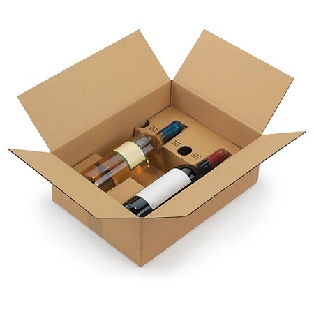 Caisse carton brune d'expédition 2 bouteilles avec calage carton à montage instantané (lot de 12)