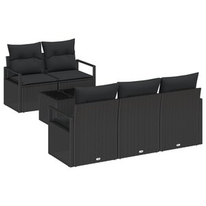 Ensemble de canapé de jardin de 6 pièces avec coussins noir poly rattan