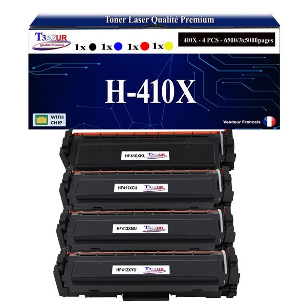 T3AZUR -4x Toners compatibles avec CF410X CF411X CF412X CF413X 410X pour HP Color LaserJet Pro M452dn M452nw