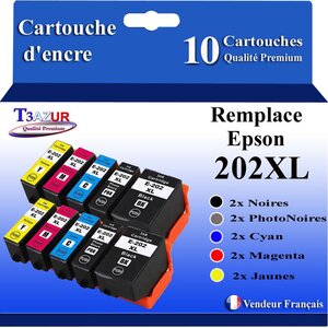 T3AZUR- 10 Cartouches Compatibles avec  Epson 202 202XL pour Epson Expression Premium XP-6000 XP-6005 XP-6100 XP-6105