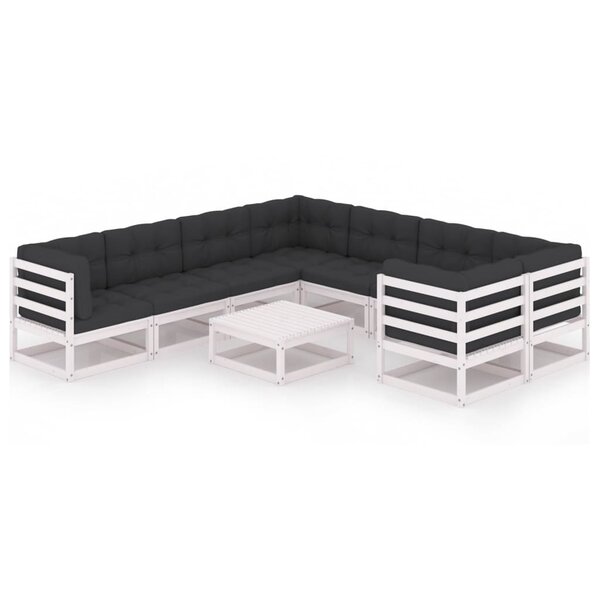 vidaXL Salon de jardin 9 Pièces avec coussins Blanc Bois de pin massif