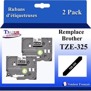 2x Rubans d'étiqueteuses compatibles avec Brother Tze325  Tze-325 pour étiqueteuses P-touch - Texte blanc sur fond noir - Largeur 9 mm x 8 mètres - T3AZUR