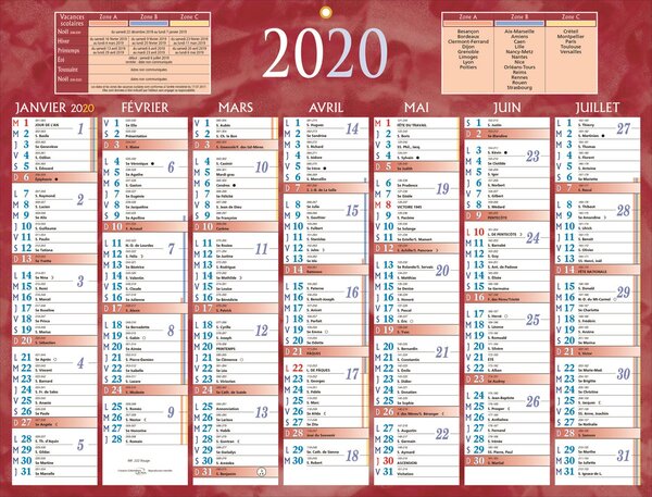 Calendrier bancaire année civile 222 Rouge 32 x 42 cm coloris rouge BOUCHUT