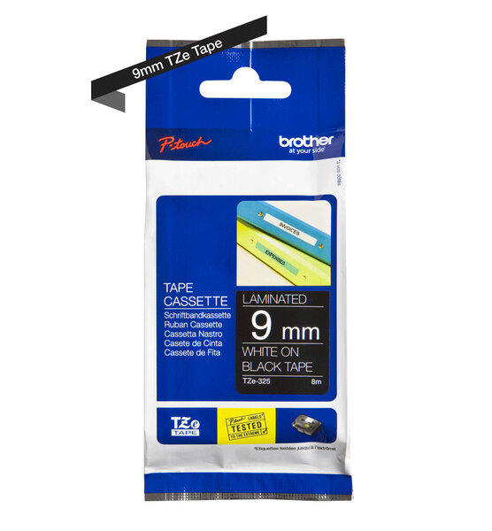 Cartouche ruban etiqueteuse brother 9mm blanc sur noir tze-325