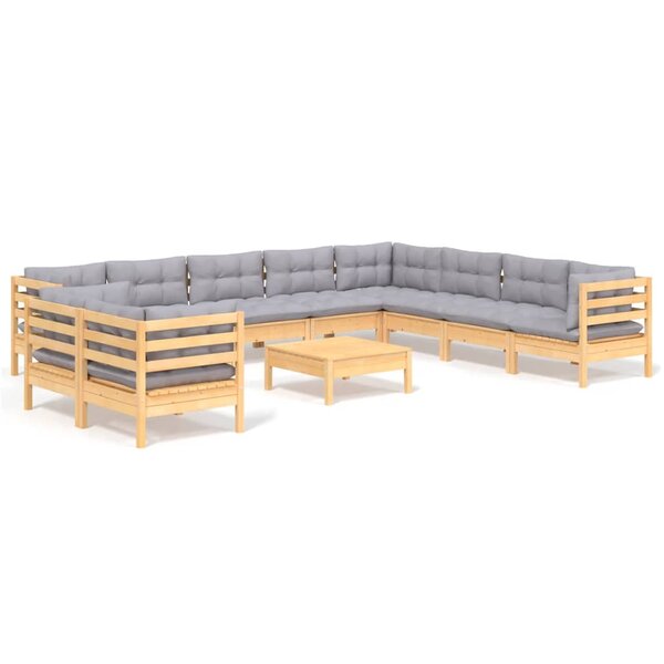 vidaXL Salon de jardin 11 Pièces avec coussins gris Bois de pin solide