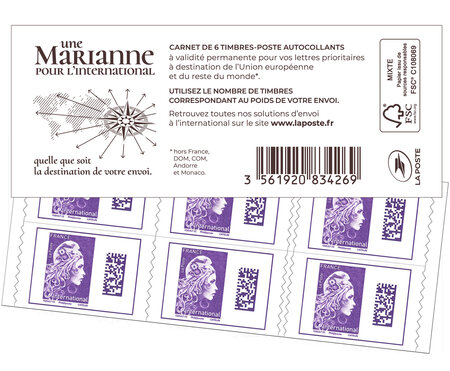 Carnet 6 timbres Marianne l'engagée - International - Violet - Couverture blanche