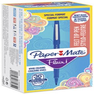 PAPERMATE Boite de 30+6 feutres d'écriture Flair Original pointe moyenne. Encre Bleue