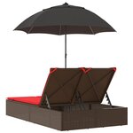 vidaXL Chaise longue double avec coussins et parasol marron poly rotin