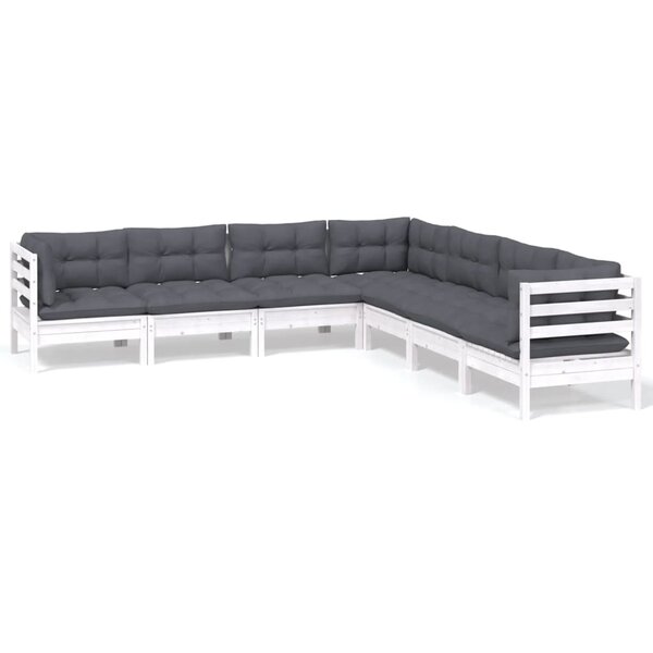 vidaXL Salon de jardin 7 Pièces avec coussins blanc bois de pin massif