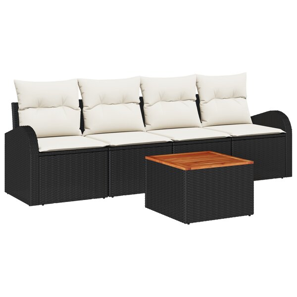 Ensemble de Canapé de Jardin 5 pièces avec Coussins Poly Rattan Noir Acacia