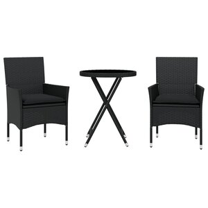 vidaXL Ensemble de bistro avec coussins 3Pièces noir résine tressée verre