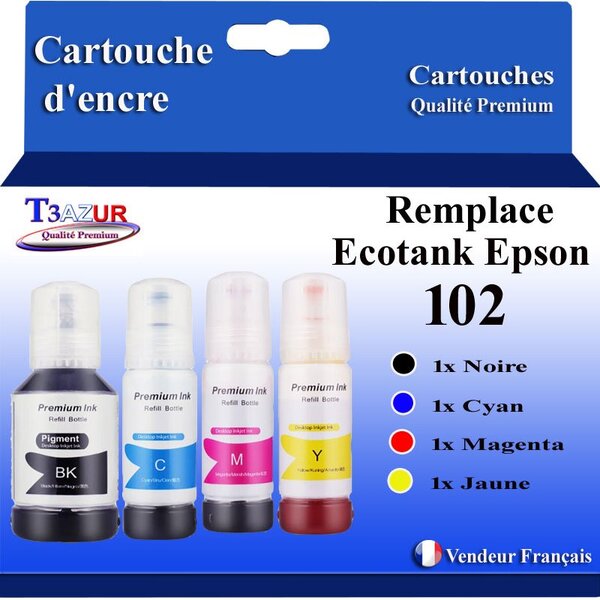 T3AZUR - 4x Recharges compatibles avec Epson EcoTank ET-2756  ET-2850  ET-2851  ET-2856  ET-3700  102