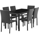Ensemble repas de jardin - table en verre trempé et 6 chaises en résine tressée noir - Table 160x80x73 cm - Chaise : 44x54x88 cm - A