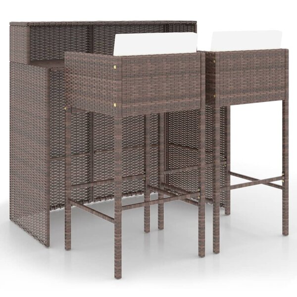 vidaXL Meubles de bar de jardin 3Pièces et coussins Résine tressée Marron