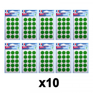Lot de 10 sachets de 90 gommettes auto-adhésives - 19mm - 90 étiquettes - vert - apli 111965