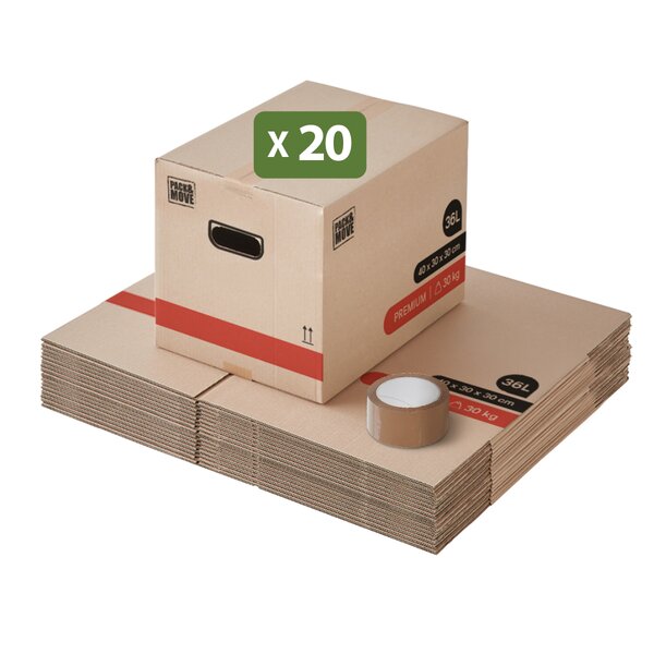 Pack and Move - Lot 20 Cartons Déménagement Livres Premium - 40 X 30 X 30 Cm - Extrême Résistance 30 KG - Poignées Renforcées - 1 Adhésif Offert