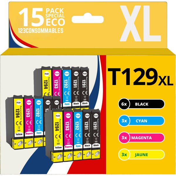 123CONSOMMABLES - T1295 - Cartouches Encre Compatible avec Epson T1295 pour Stylus SX525WD SX535WD SX425W SX230W Office BX635FWD BX305FW Workforce WF-3520 (6 Noir / 3 Cyan / 3 Magenta / 3 Jaune)